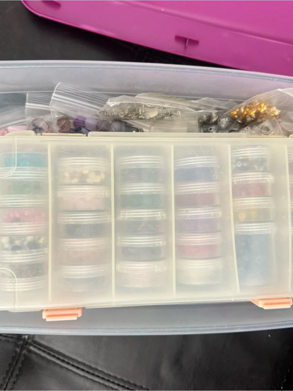 Clear Multi-Compartment Craft Storage Box - Pink Latch fully jeweled
